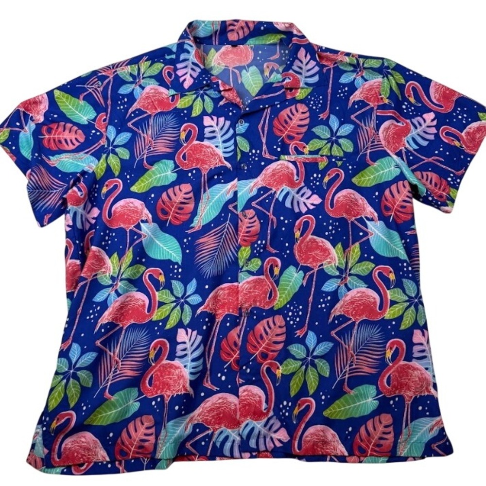 Unbranded Flamingo Tropical Print Button Up Shirt 3XL Blue Short Sleeve Skater
